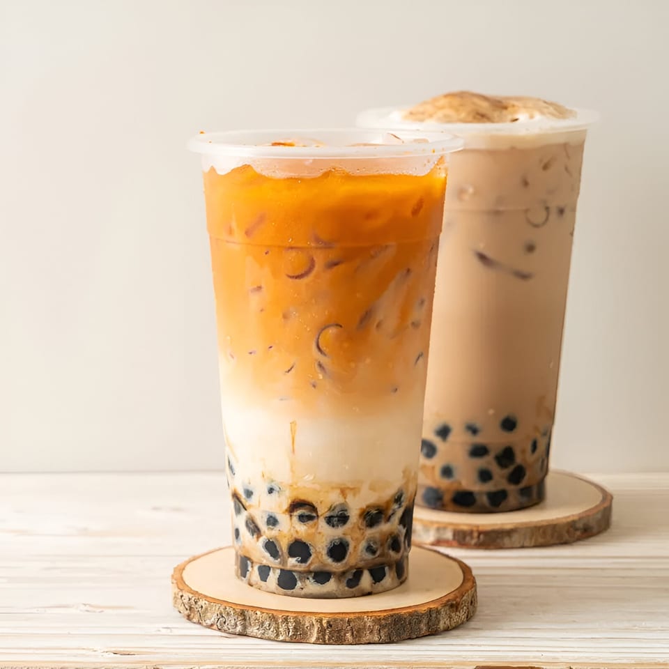 Two plastic cups of Thai bubble tea, one orange and one brown, on wooden coasters.