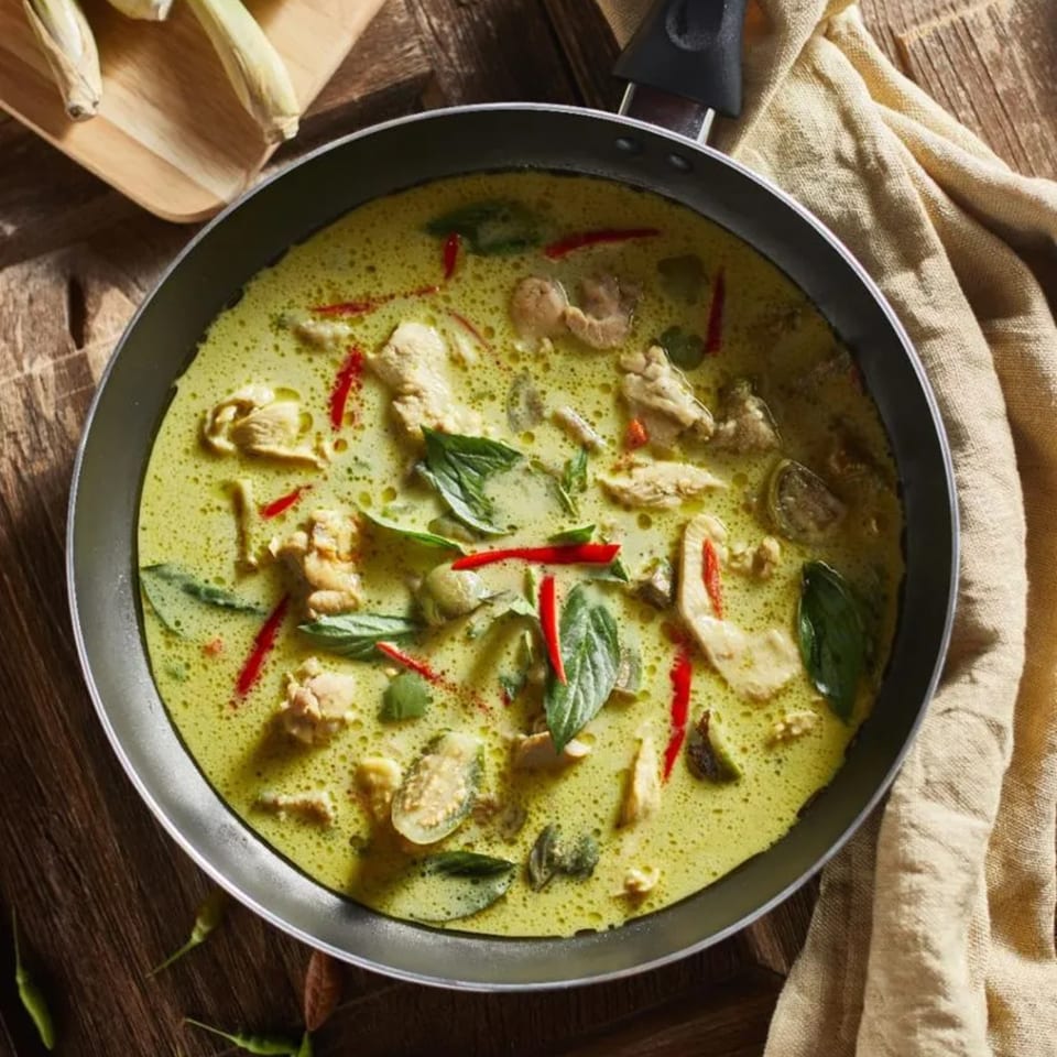 A pan of vibrant green Thai curry with chicken, red chilies, and basil on a wooden table.